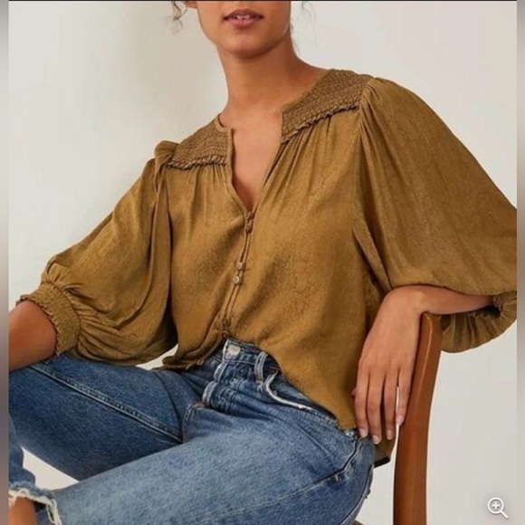 Anthropologie Tops - BY ANTHROPOLOGIE Jacquard Smocked Button Down Puff Sleeve Blouse